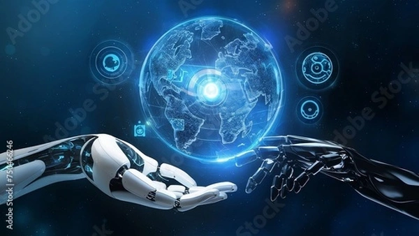Fototapeta Futuristic society intelligent robot artificial intelligence humans AI technology coexist peacefully