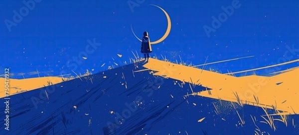 Fototapeta spring summer background illustration, summer night with crescent moon, Ai Generated