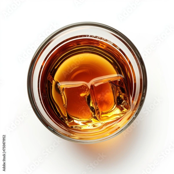 Fototapeta Scotch whisky with ice in a glass tumbler, top view, isolated on white background. Elegant concept for whiskey enthusiasts, ideal for premium drink branding and high-end bar menus
