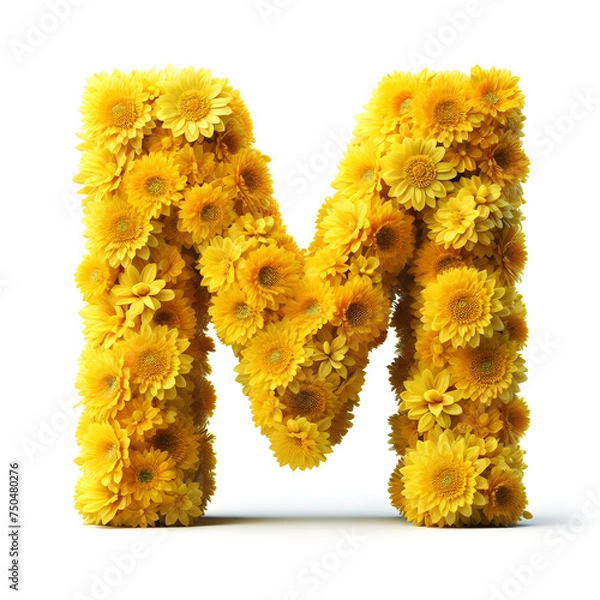 Obraz The letter M is made out of real natural Yellow flowers, Isolated on a white background, flower font concept, Creative Alphabet, Letters