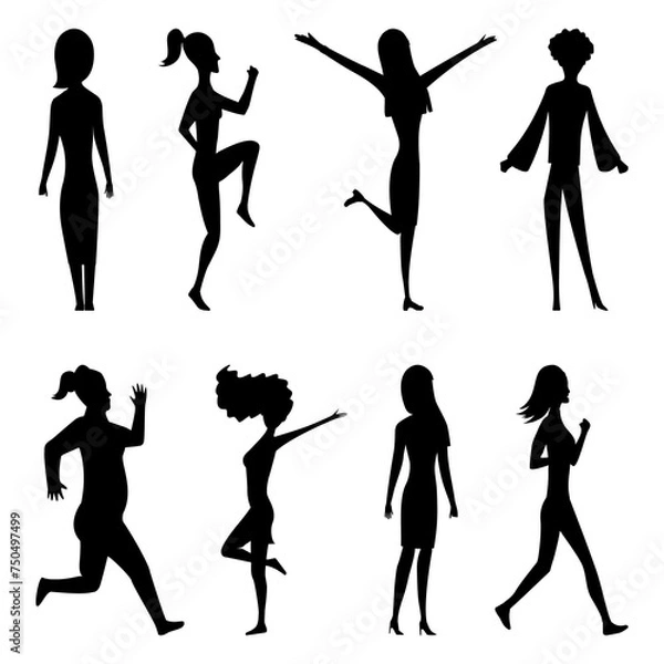 Fototapeta Women silhouette set. Isolated collection of girls in various poses, forms and positions. Active people. Jpeg Illustration