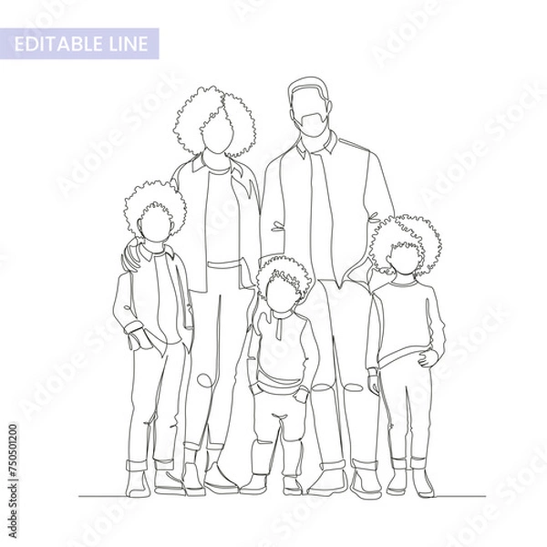 Fototapeta One single endless line large family group portrait, simple continuous contour, modern trendy style, vector illustration isolated on white. Mother, father and three kids