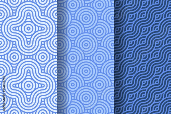 Fototapeta Set of japanese wave geometric seamless pattern, called Seigaiha, concentric circles, fish scale imitation, traditional oriental art, vector illustration