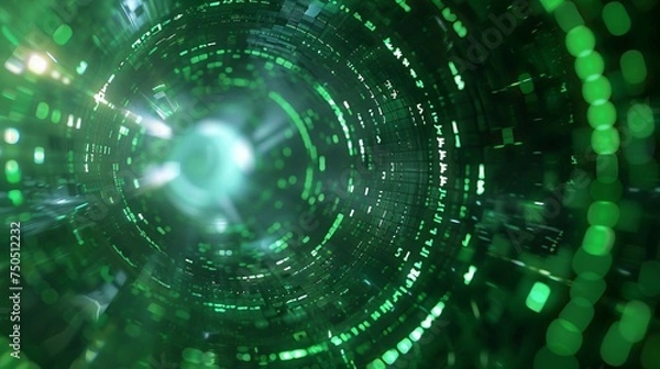 Fototapeta A matrix background featuring a dynamic flow of green binary code through a circle gateway.