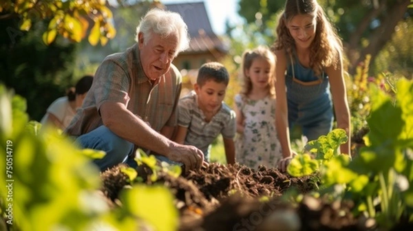 Fototapeta Family working together in their vegetable garden composting food waste