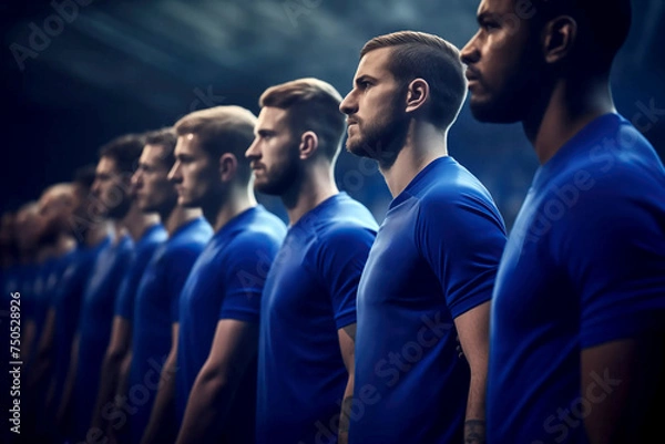 Fototapeta mens soccer football players pre-match line up waiting in the build up before a game as the national anthems are played and the match tension builds before tournament cup league blue kit