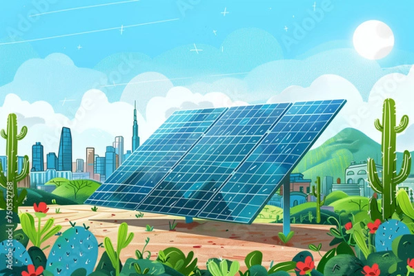 Obraz A global environment with a solar panel prominently displayed under a clear blue sky. Renewable energy and sustainability concept
