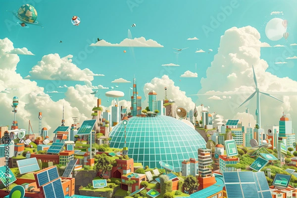 Obraz A comprehensive illustration of solar panels harnessing solar power on Earth in a vibrant urban landscape. Renewable energy and sustainable technology concept
