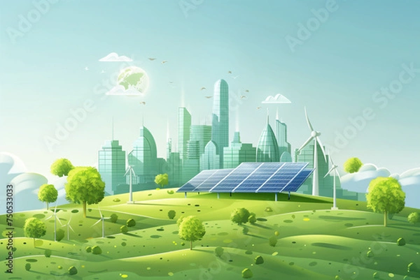 Obraz A detailed illustration of Earth featuring a solar power plant and a thriving city on its surface. Renewable energy and sustainable living concept
