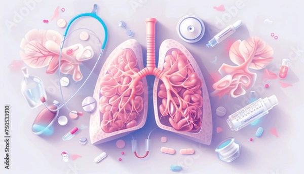 Obraz A realistic illustration depicts the concept of pneumonia affecting human lungs with detailed inflammation and infection. Medical education and awareness concept
