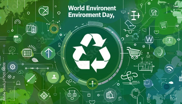 Obraz An infographic-style illustration presents various stages of the recycling process using colorful icons and arrows. Environmental education and sustainability concept