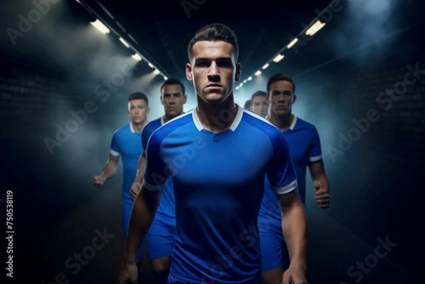 Fototapeta mens soccer football players pre or post match shot entering or leaving the stadium tunnel before or after a match as dramatic tension builds from the result of the league cup tournament game
