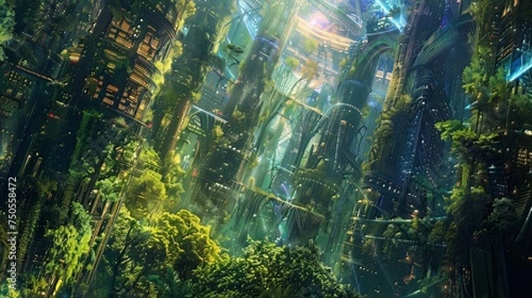 Fototapeta Quantum Fusion Urban Jungle: A vision of the future where urban landscapes merge with the quantum realm, giving rise to a surreal jungle of interconnected structures pulsating with vibrant energy