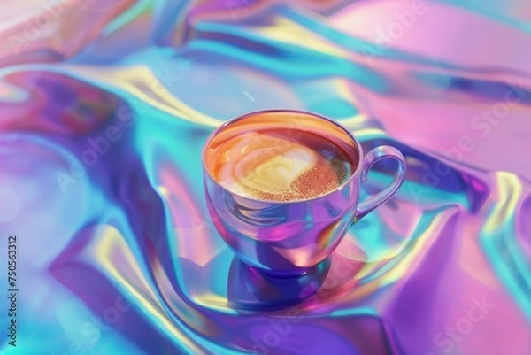 Fototapeta A clear glass coffee cup on a vibrant, multicolored abstract background. exhibiting a playful mix of light and color. Generative AI