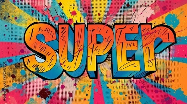 Fototapeta A Vibrant background with the word " Super " on Abstract Graffiti pop style Typography commercial Background