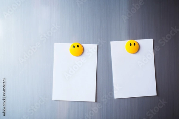 Obraz Abstract Empty paper sheet on refrigerator door. Magnetic clip on paper note for add text.