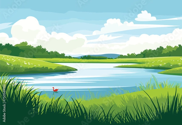 Fototapeta A cartoon illustration of a river flowing through a natural landscape with grass, trees and a cloudy sky. The watercourse is surrounded by highlands and leads to a lake