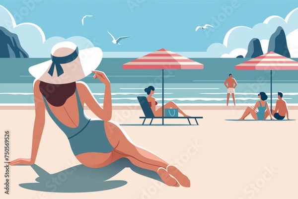 Obraz Vacation time. Woman on the beach in a swimsuit and a hat close-up and people sunbathing on the background of the shore. Vector illustration in minimalist style.