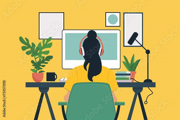 Fototapeta Back view of female schoolgirl wearing headphones, table, monitor, modern character design. Flat design style vector graphics