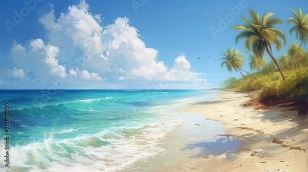 Obraz Beautiful beach and tropical sea. Seascape.Beautiful sandy beach with clear turquoise ocean and palm trees. .Photorealistic illustrartion