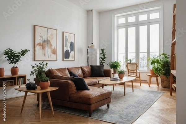 Fototapeta Cozy Modern Living Room Mockup Stylish Furniture Arrangement with Table, Chairs, and Sofa, Framed Wall Art and Vase with Plants