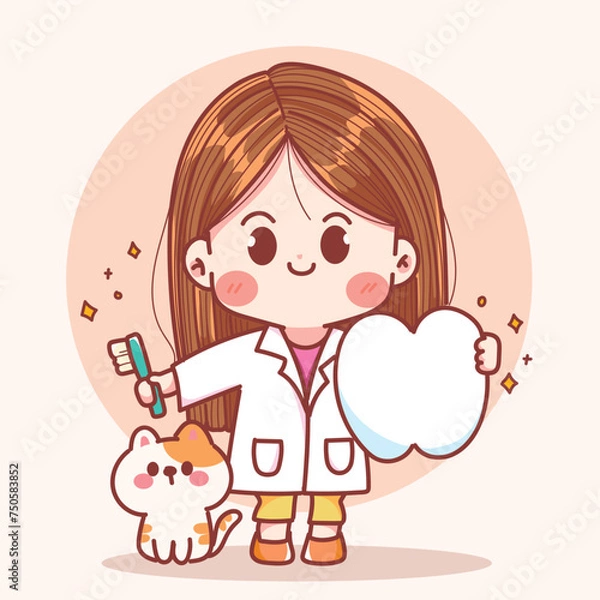 Obraz Cute dentist demonstrates how to brush your teeth properly. with cute cat hand drawn cartoon illustration