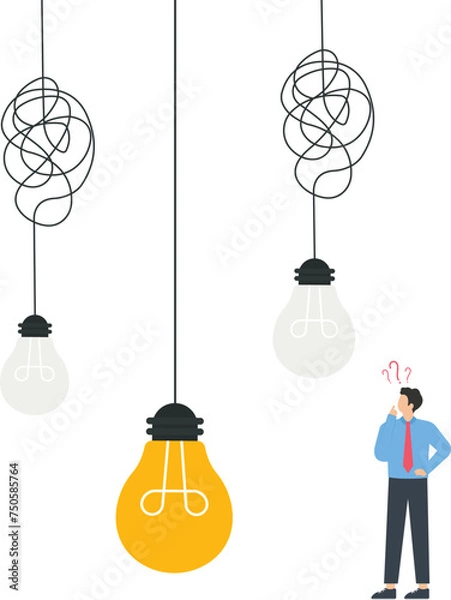 Obraz Simple idea and solution brainstorm process, Unravel tangle of wires with hanging light bulbs, Solve complex problems find answer concept,

