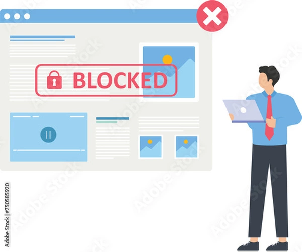 Obraz Content restriction and IP blocking, Holding warning notification with exclamation mark and block of online traffic to restrict illegal websites concept,

