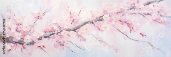 Fototapeta Beautiful flowering japanese cherry or sakura blossoms branch in oil painting style.