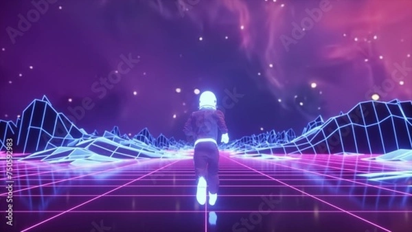 Obraz Astronaut runs surrounded by flashing neon lights. Retro 80s style synthwave background. 3d illustration