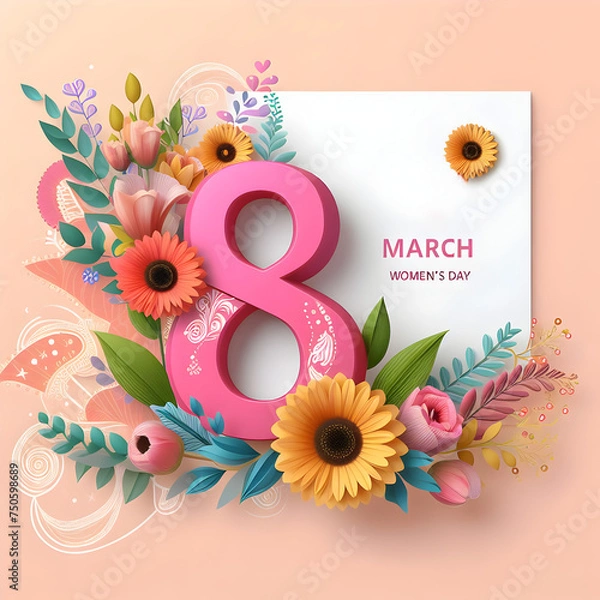 Fototapeta Illustration of number 8  and floral decoration for background and banner for 8th march women's day 