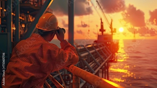Fototapeta a worker using binoculars to scan the horizon from an oil platform, subtly highlighting the vast expanse of the sea and the industrious nature of offshore operations.