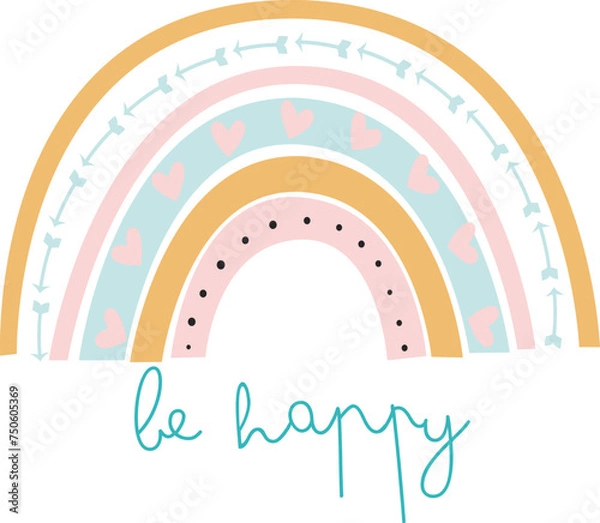 Obraz cute vector rainbow in scandi pastel shades, clouds with  hearts, raindrops, kawaii adorable for girl, delicate drawings boho in simple flat style