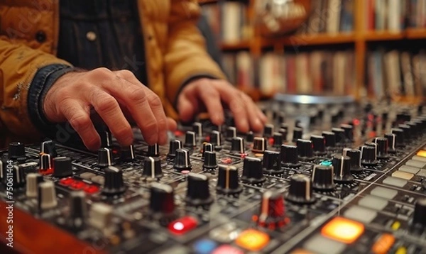 Fototapeta A skilled audio engineer in fashionable attire expertly operates a mixing console indoors, blending music with precision and passion.