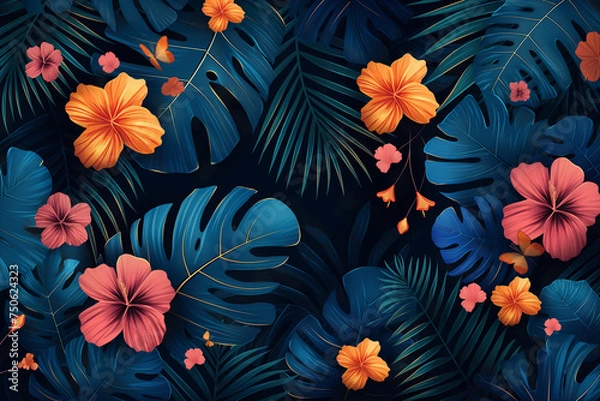 Fototapeta Tropical hibiscus flowers and dense foliage monstera and palm trees create an enchanting scene in this vivid botanical illustration
