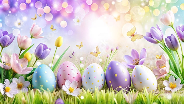 Fototapeta Happy Easter banner with spring flowers background and Easter eggs. Greeting card.
