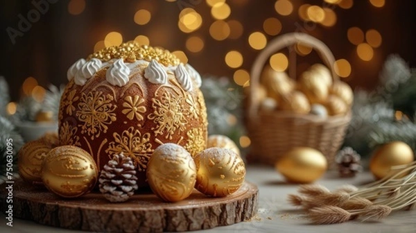 Fototapeta Easter background. Beautiful composition of Easter cake with multi-colored eggs and spring flowers on a delicate background. Spring holidays concept with copy space.