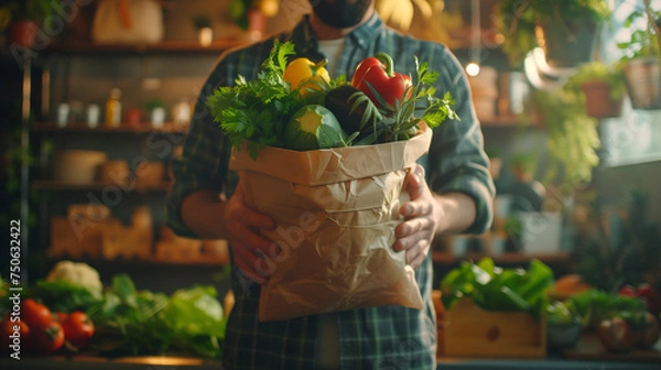 Fototapeta Man holding a grocery shopping bag with fresh vegetable
