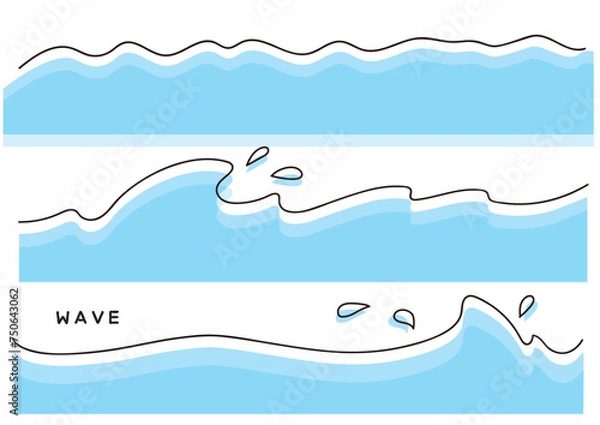 Fototapeta かわいい　ほっこり　イラスト素材　波のイラスト　海　波　水　しぶき　なみなみ　湖　川　波　イラストセット　白背景　ベクター　ほのぼの　キャラクター