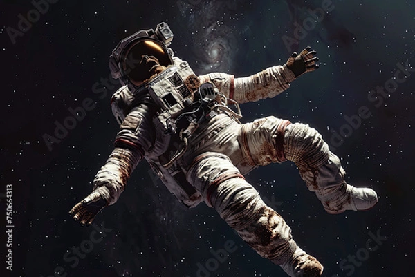 Fototapeta Zombie skeleton astronaut in spacesuit floating in space illustration. 