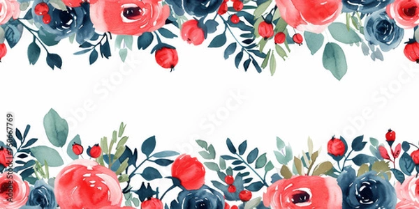 Obraz Bouquets of red and blue watercolor roses border with copy space. Happy Mother's day floral frame background. Festive flowers holiday greeting card, invitation, banner backdrop for Mom or Valentine's.
