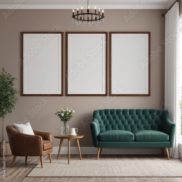 Fototapeta Living room wall poster mockup, modern interior design, interior mockup with house background