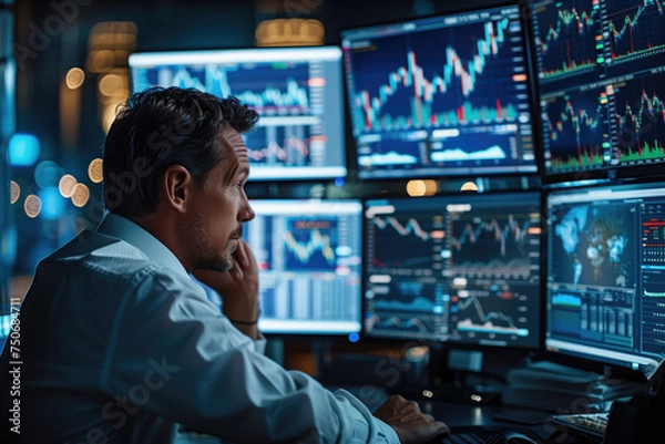 Fototapeta Strategic Precision: Meticulous Stock Trader's Desk with Live Global Data and Currency Rates