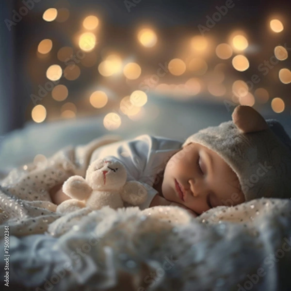 Obraz Carefree sleep little baby with a soft toy on the bed  ai technology