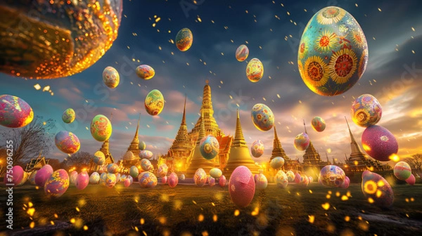 Fototapeta Easter eggs falling from the sky in Thailand with ancient temples and the Chao Phraya River
