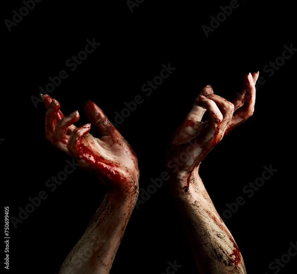 Fototapeta Creepy hands of undead with dripping blood over black background