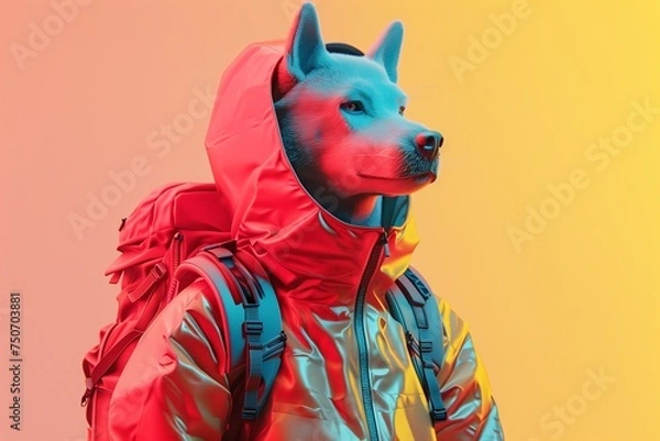 Fototapeta Serious Character with Dog Head, wearing a reflective jacket with pink and yellow background. Created by Generative AI
