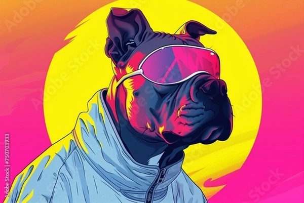 Fototapeta Serious Character with French Bulldog Head, wearing a reflective jacket with pink and yellow background. Created by Generative AI