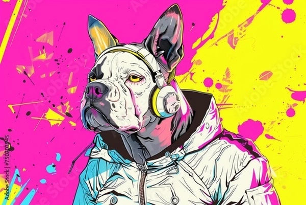 Fototapeta Serious Character with French Bulldog Head, wearing a reflective jacket with pink and yellow background. Created by Generative AI