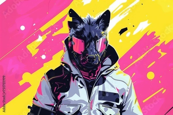 Fototapeta Serious Fantasy Character with Dog Head, wearing a reflective jacket with pink and yellow background. Created by Generative AI